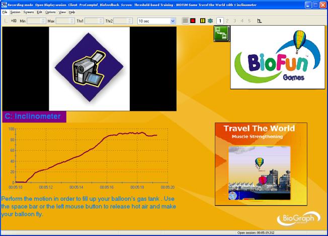 Instructions: Use the inclinometer on channel C to control the height of the craft ROMT ROM Training with BIOFUN Game Travel the World and 1 Inclinometer (Screen: