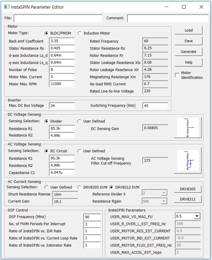 Editor. The dialog window below shows the entry for the TI DR8312 EM with Anaheim BLDC motor BLY172S-24-4000. The dialog window is divided into several sections, as explained below.