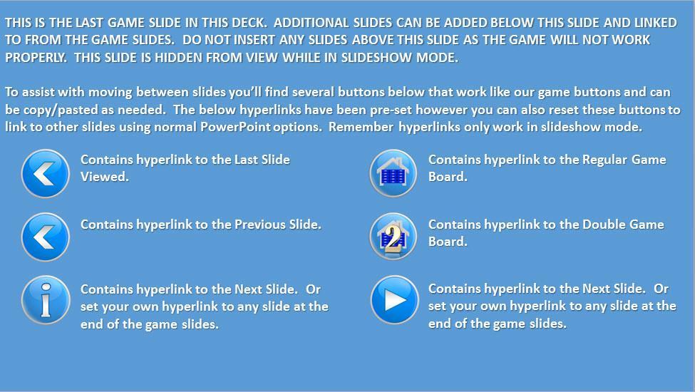 It contains helpful information for adding and linking to slides placed at the END of the deck (after the above slide).