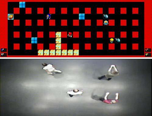 Figure 10: Age Invaders [39] Figure 11: Body-Driven Bomberman [43] In the Age Invaders exergame [39], co-located players move along a large electronic game floor and shoot virtual rockets using