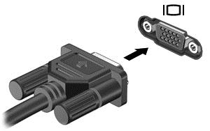Pentru a conecta un monitor/proiector: 1. Conectaţi cablul VGA de la monitor/proiector la portul VGA de la computer după cum se arată în ilustraţie. 2.