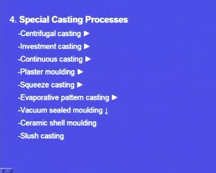 (Refer Slide Time: 01:33) The fourth type is the special casting process in which there are nine processes.