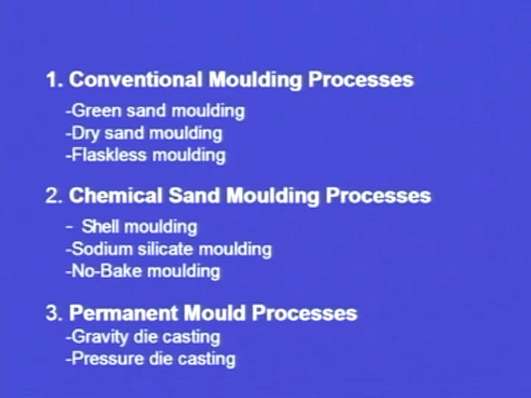 (Refer Slide Time: 47:57) We have seen the green sand moulding, we have learnt dry sand moulding, and we have learnt flaskless moulding. These constitute conventional moulding process.
