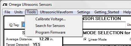 Figure 27 The Tools Drop Down Menu Selections of Sensor Calibration and Setup Screen Calibrate Voltage : Allows the user to calibrate the Vout to 10.