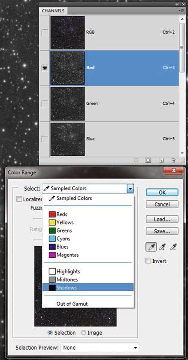 40 High Dynamic Range Processing Fig. 11 Selecting the stars from the red channel 2. Select the Layers panel and Alt + Click the Add Layer Mask button at the bottom of the layers panel.