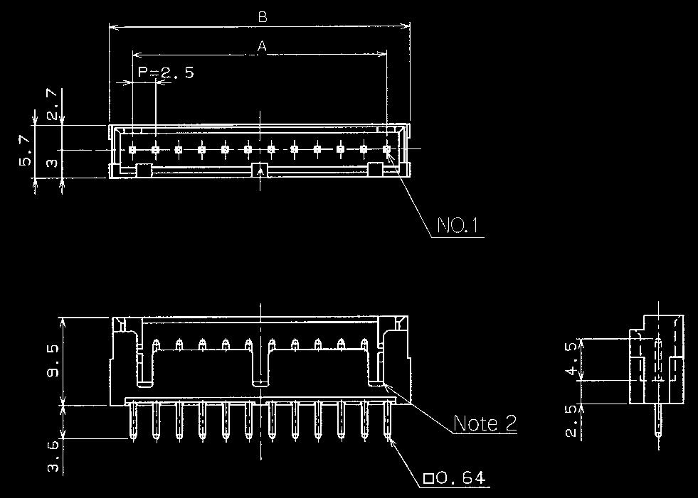 Single Row Straight Pin Header Blank: Tin plated (01) : Gold plated +0.1 KBoard Through-hole Diameter:Ø1.1 +0 DF1B- 2P-2.5DSA(**) DF1B- 3P-2.5DSA(**) DF1B- 4P-2.5DSA(**) DF1B- 5P-2.