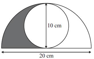 6. The diagram shows a circle inside a semicircle. The circle has a diameter of 10 cm. The semicircle has a diameter of 20 cm.