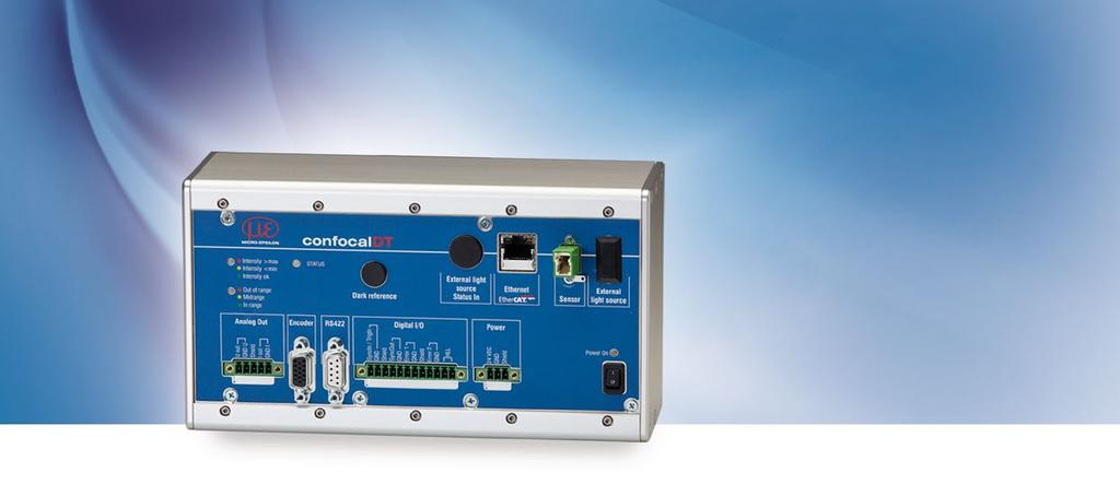 18 Universal confocal controller for measuring rates up to 10kHz confocaldt IFC2451 10kHz INTER FACE Measuring rate up to 10kHz Interfaces: Ethernet / EtherCAT / RS422 / Analog Fast surface
