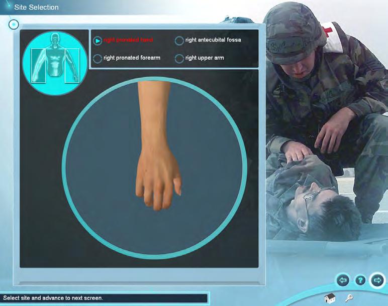 Training Sequence Virtual I.V. Site Selection This screen shows four (4) views of each arm that corresponds to the patient presented in the Case Scenario.