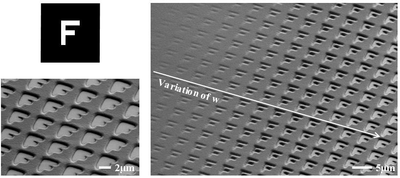 Figure 11. SE micrographs of an F shaped aperture in thin binary photo resist AZ1505.
