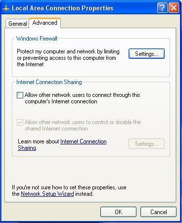 Click [OK] to close the Internet Protocol (TCP/IP) Properties window 6. Select the [Advanced] tab at the Local Area Connection Properties window and disable the Windows firewall.