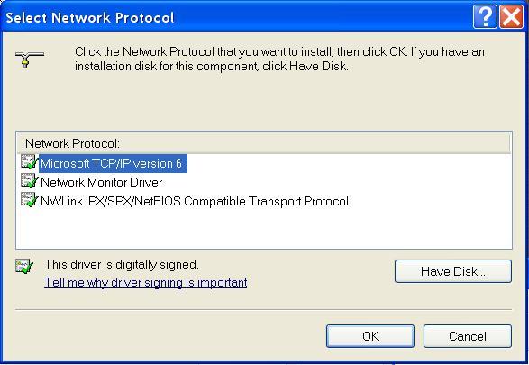 3. Select [Protocol] and click the [Add] button to open the following Network Protocol Selection screen.
