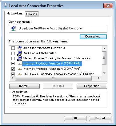 Local Area Connection Properties Screen (Windows 7) Internet Protocol Version 6 (TCP/IPv6) Properties Screen (Windows 7) 4.