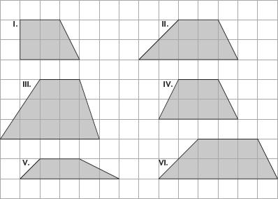 46. A trapezoid is a quadrilateral with exactly one pair of parallel sides. Use these six trapezoids. Make a table to summarize what you find in parts (a) and (c). a. Find the area of each trapezoid.