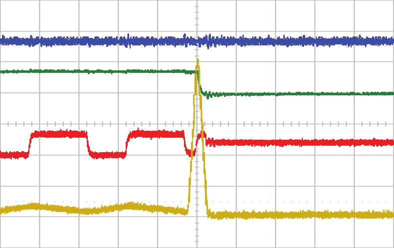 Normal operaion of he swich node (SW); inducor curren (I L ) and oupu volage (V OUT ) for 9 series LEDs in each of 2 srings configuraion; shows SW node (ch1, 20 V/div.