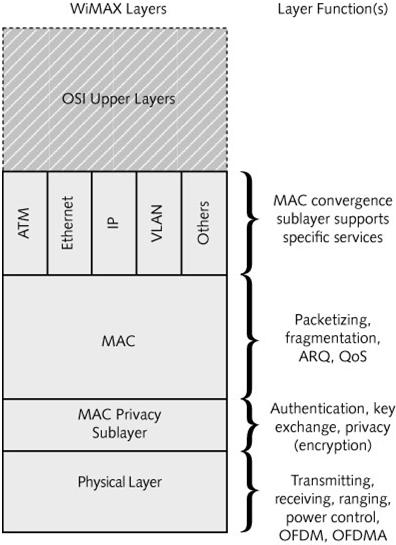 WiMAX Protocol Stack PHY layer supports multiple frequency bands and several modulation techniques PHY layer is able to adapt on the fly WiMAX MAC layer is connection oriented Includes