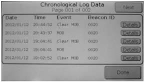 View Chronological Logs To display a chronological list of all beacon transmissions, press the View Chron Logs button on the Settings screen and the Chronological Log