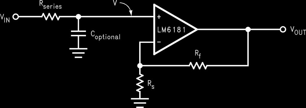 The non-inverting configuration, however, can alternatively be compensated by adding a series input resistor, as shown in Figure 12.
