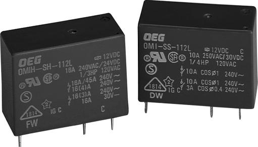 OEG OMI/OMIH series 16A Miniature Power PC Board Relay Appliances, HVAC, Office Machines. UL File No. E58304 CSA File No. LR48471 VDE File No. 6678 SEMKO File No.