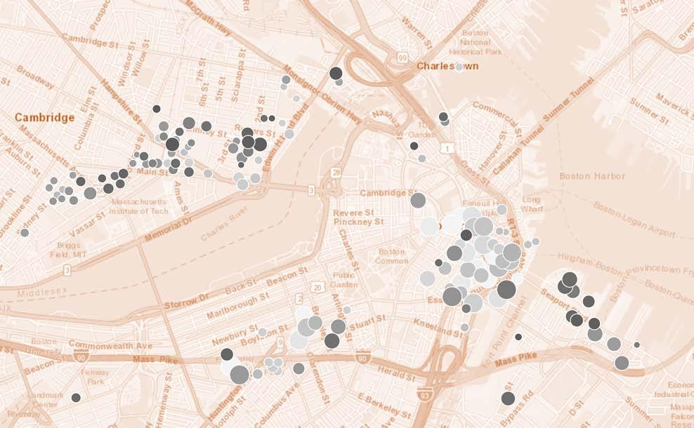 Greater Boston Urban Boston & Cambridge Greater Boston Class A office and lab properties Bubble size denotes asset size; shading denotes age of asset lightest bubbles constructed in 1970 or before,