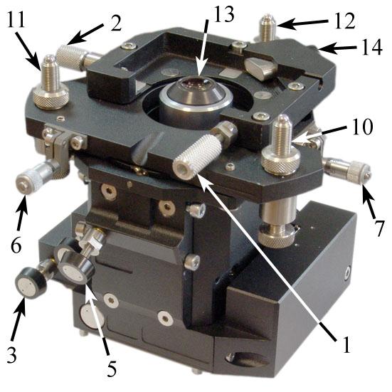 stop; 9 entrance aperture; 10, 11, 12 screw legs; 13 lens; 14 spring stop of the probe holder positioning device The measuring head serves for measurements with confocal microscopy.