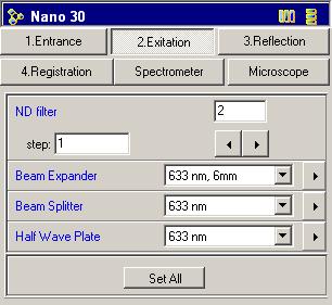 NTEGRA Spectra PNL (Upright Configuration). Instruction Manual Fig. 10-27. 2. Excitation tab of the Nano 30 dialog 5. Define the following parameters in the 2.