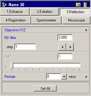 Chapter 12. Performing Measurements Fig. 12-21. Reflection tab of the Nano 30 dialog b. Enter 100 μm in the Pinhole input field. c.