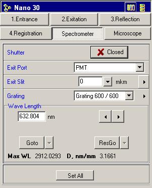 NTEGRA Spectra PNL (Upright Configuration). Instruction Manual Fig. 12-27. Spectrometer tab of the Nano 30 dialog b. Enter 50 100 μm in the Exit Slit input field to define opening of the exit slit. c.