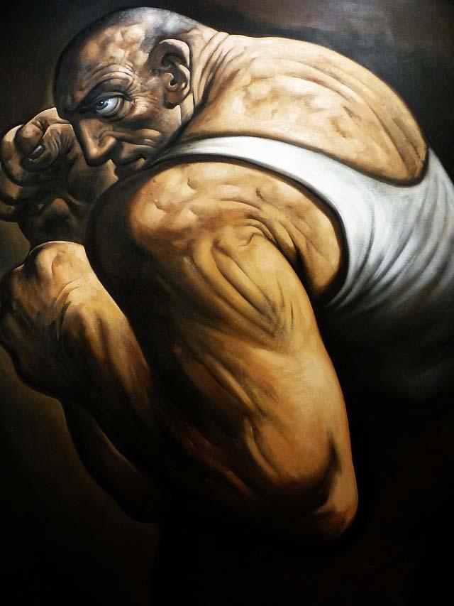 Closely related to these themes, his work also deals with social and political issues and philosophical questions Peter Howson s boxer is a recurring motif in his work inspired by Pilgrims progress