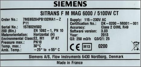 Siemens AG 201 Flow sensor MAG 5100 W MAG 5100 W (7ME6520) MI-001 verified and labeled products at a given Q and Q/Q4 = 1.25 and Q2/Q1 = 1.