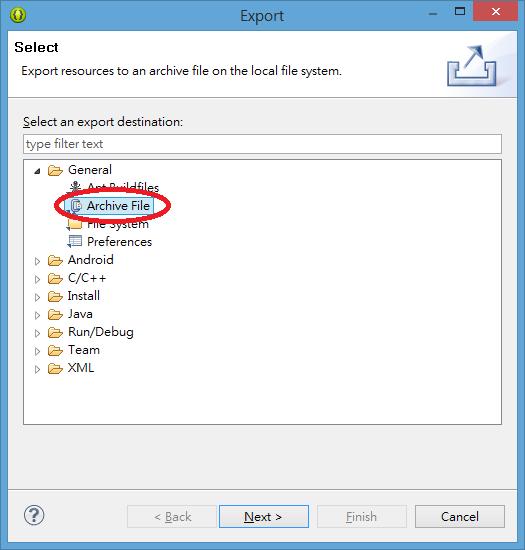 18. After Export window pop out, select "General >> Archive File", and then click