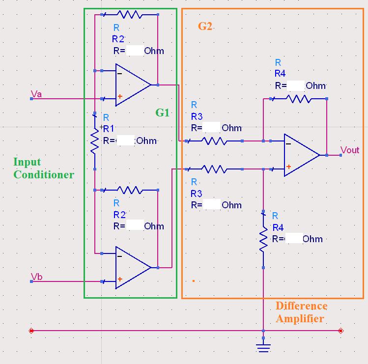 Below is the schematic of the main circuit you will be designing and assembling during this experiment: Figure 3: 3-lead Differential Amplifier schematic