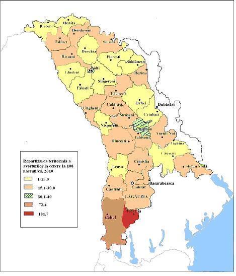 Analizând dinamica avorturilor la cerere, am constatat mari diferenţe în raport teritorial (fig. 4). Fig. 4.Repartizarea teritorială a avorturilor la cerere în Republica Moldova, 2010.