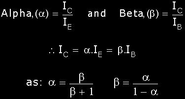 the ratio of Ic/Ie is called Alpha, given the Greek symbol of α. Note: that the value of Alpha will always be less than unity.