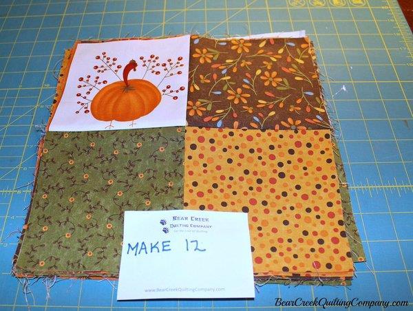 Cutting cont'd: From the light fat quarters (I used 8), cut a total of (60) 5 ½ x 5 ½ squares and (46) 3 x 5 ½ rectangles. These will be used for the background.