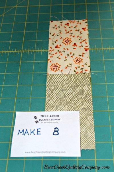 Sew (8) sashings together, using two different 3 x 5 ½ rectangles for each.