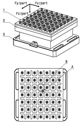 cutting conditions. The figure 2 shows the aluminum back plating system (#2) using 49 screws and a torque wrench to secure the laminate (#1). Detail A shows a sample of a machined test coupon.