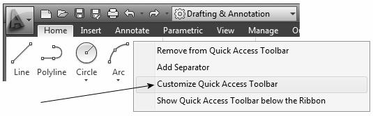 AutoCAD Tutor 2012 Support Docs CHAPTER 1 CUSTOMIZING THE QUICK ACCESS TOOLBAR One of the advantages of the Quick Access Toolbar is the ability to display the AutoCAD commands that you frequently use.