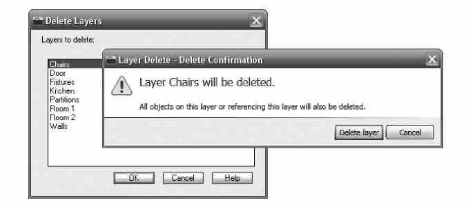 Command: LAYDEL Select object on layer to delete or [Name]: (Pick the chair at A in the following image) Selected layers: Chairs Select object on layer to delete or [Name/Undo]: (Press ENTER to
