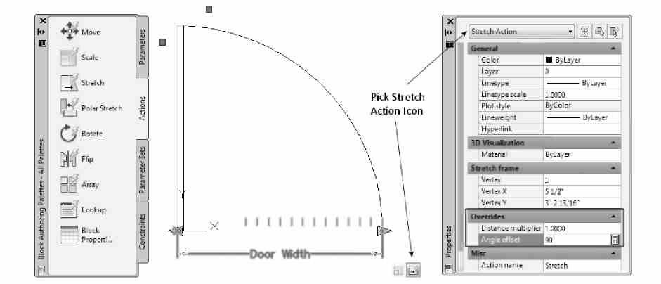 To have the door height be affected by changes in the Door Width parameter, first click the Stretch Action. Select the Door Width parameter.