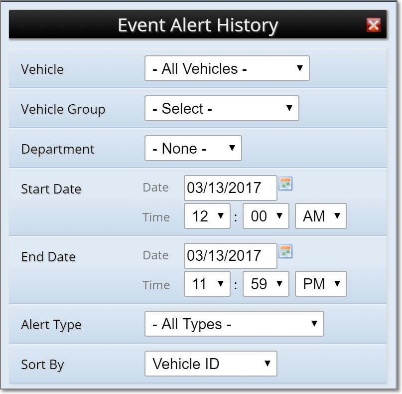 Event Alert Histry The Event Alert Histry will generate a reprt fr the Vehicle(s) r Vehicle Grup selected, yu can custmize the parameters t fcus n a specific vehicle and date range, as well as which