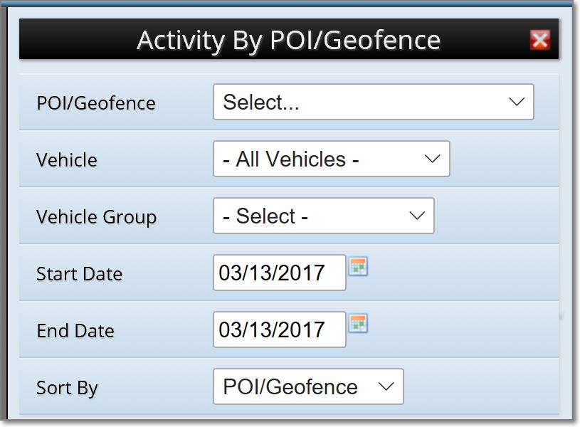 Activity by POI/Gefence The Activity by POI/Gefence ffers the fllwing parameters fr yu t custmize the view. POI/Gefence: Includes Active POI s.