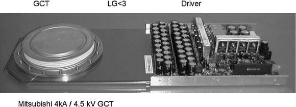 L G 3nH - + 20 V GCT LG<3 Driver Mitsubishi 4kA / 4.5 kv GCT ABB 4 ka / 4.5 kv IGCT FIGURE 1.97 GCT operation principle and two GCTs developed by Mitsubishi and ABB.