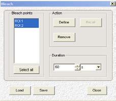 ROI 2 ROI 1 Figure 10 and the selected points will appear in the list of Bleach points on the Bleach dialog. c. Click on the Select all button to select all bleaching points. d. Set the bleaching time in the Duration field.