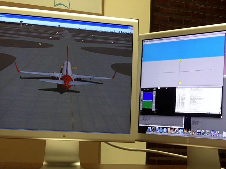 Figure 2. X-Plane is shown on the left monitor, and the virtual cockpit and ACT-R trace are shown on the right monitor. Discussion The current model has several possible applications.