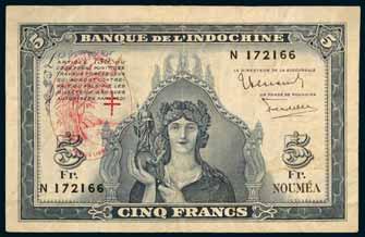 9) number A/17 853139. Original, good very fine. $280 2826* New Hebrides, Banque de L'Indo-Chine, Noumea, 1941-45 provisional issue, five francs, undated (1945), overprint on New Caledonia (P.