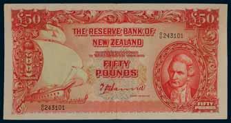 2872* Reserve Bank, T.P. Hanna (1940-55), fifty pounds, number over letter, 0/U 243101 (L.616; P.162a). Heavy centre fold, very fine and rare. $2,000 2873 Reserve Bank, G.