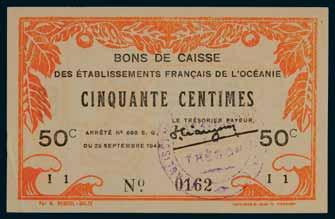 2746* French Oceania, Bons de Caisse, emergency issue, fifty centimes, 25 September 1943, I1 No. 0162, circular violet hand stamp (P.10a). Crease bottom left corner, otherwise extremely fine and rare.