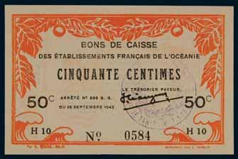 2747* French Oceania, Bons de Caisse, emergency issue, fifty centimes, 25 September 1943, H10 No. 0584, wreath in circular violet hand stamp (P.10b). Nearly uncirculated and rare.