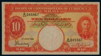 (2) 2813* Malaya & British Borneo, Queen Elizabeth II, five dollars (P.2), numbers A/28 335969. Fresh and original, uncirculated. 2808* Malaya, King George VI, five dollars 1941 (P.